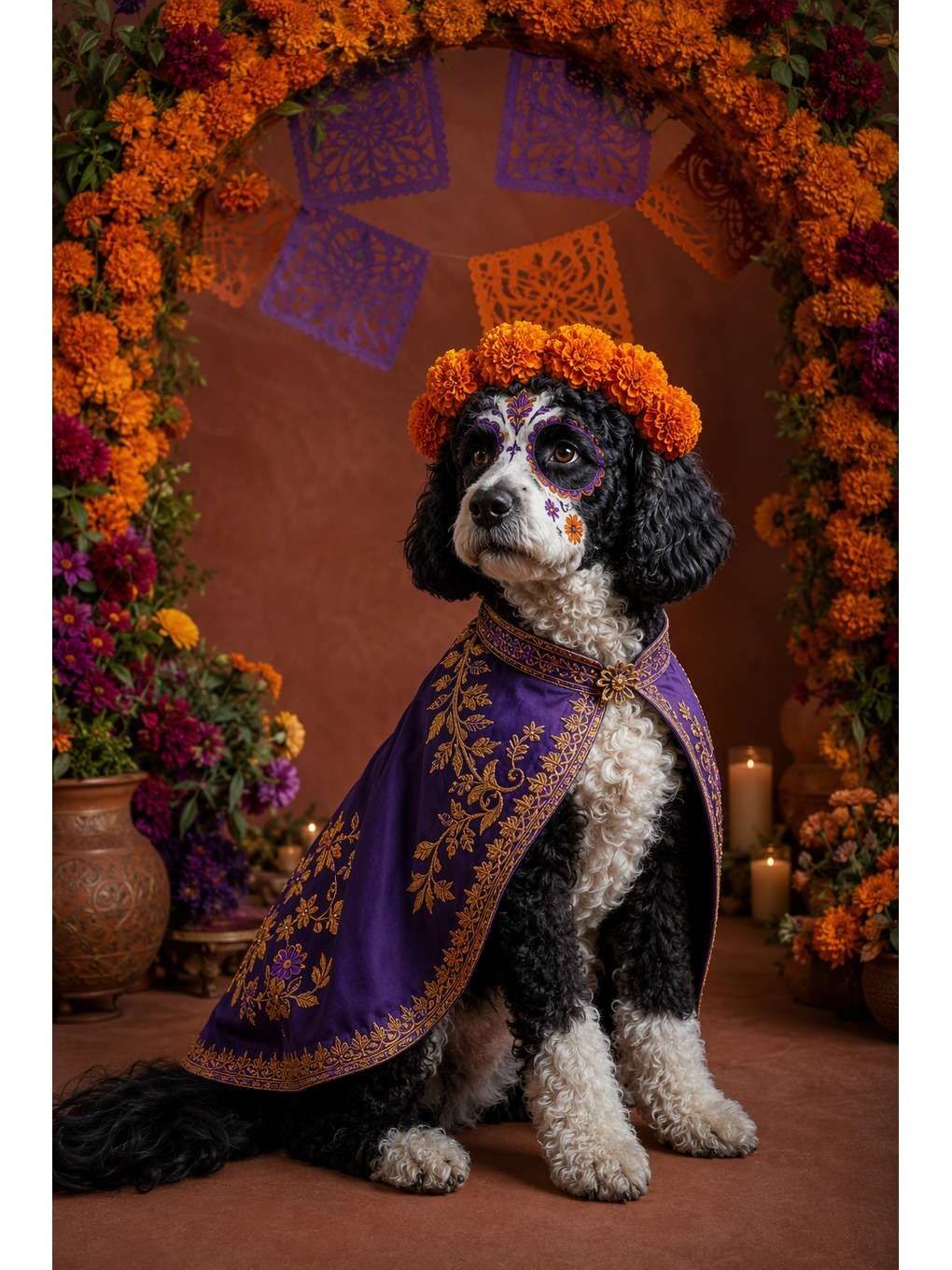 catrina canina em roxo e dourado - exemplo de fotos de pets no dia dos mortos
