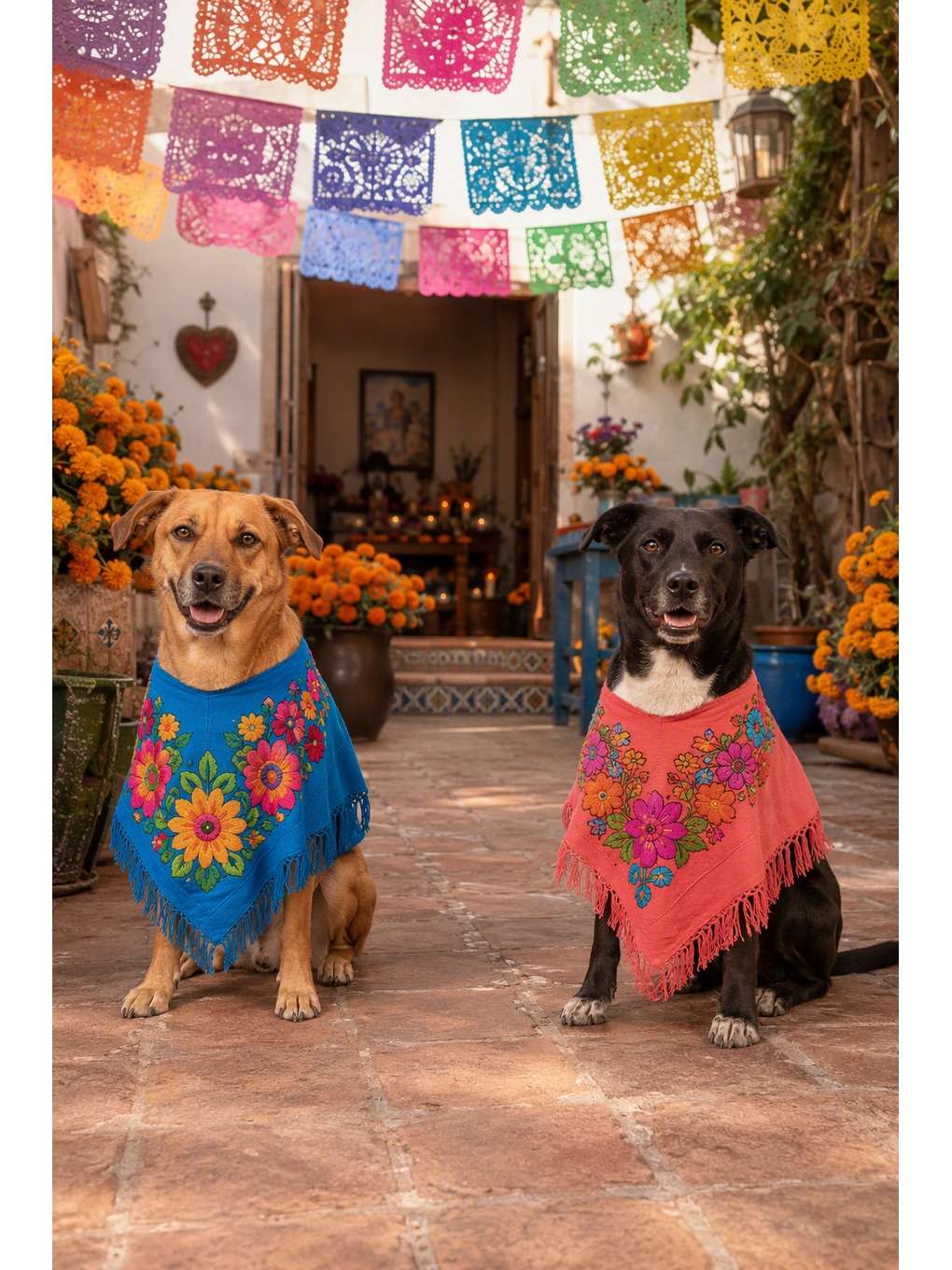 dupla de cães com ponchos floridos - exemplo de fotos de pets no dia dos mortos