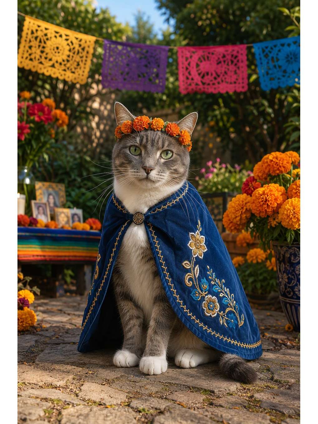 gato de capa e coroa floral - exemplo de fotos de pets no dia dos mortos