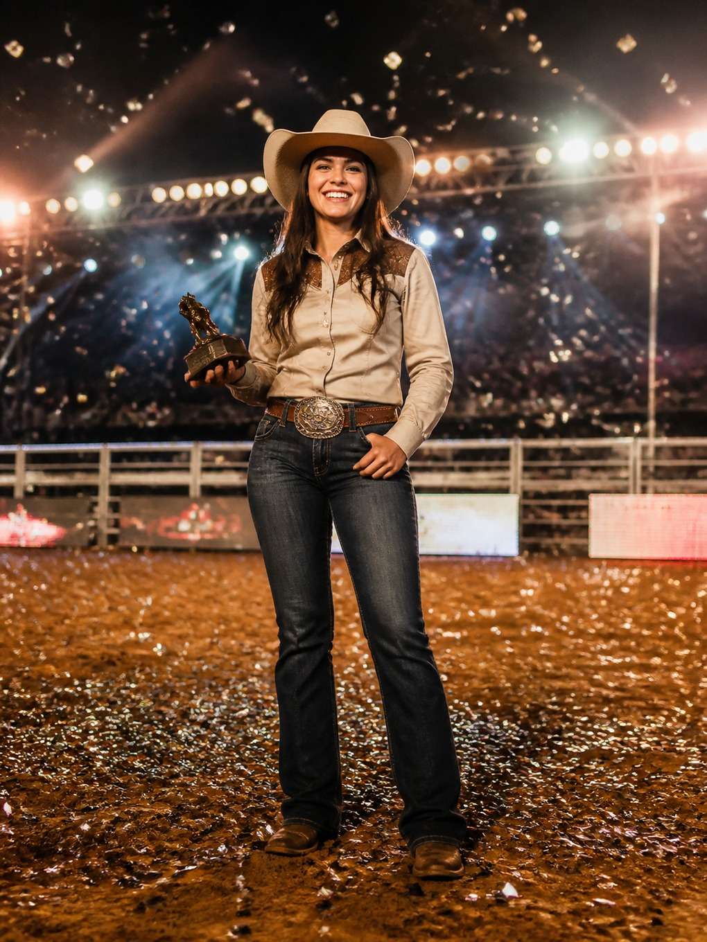 campeão na arena com fivela e troféu - exemplo de fotos de rodeio