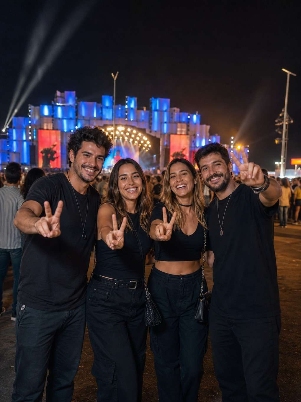 com amigos fazendo sinal de paz - exemplo de fotos no rock in rio
