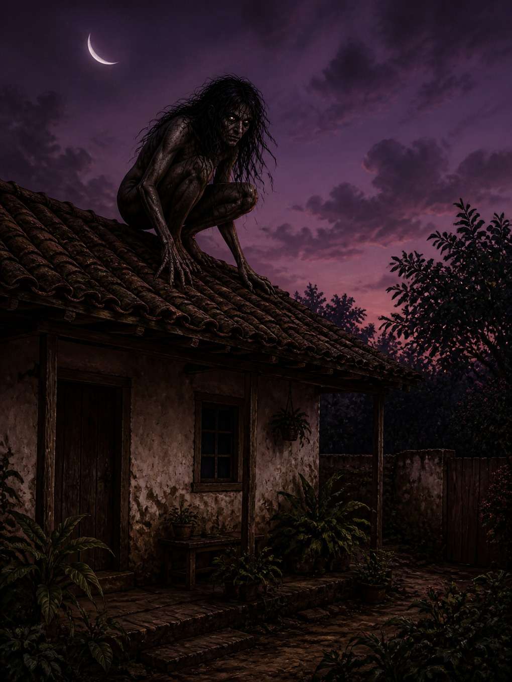 pisadeira sobre o telhado ao anoitecer - exemplo de imagens do folclore brasileiro com