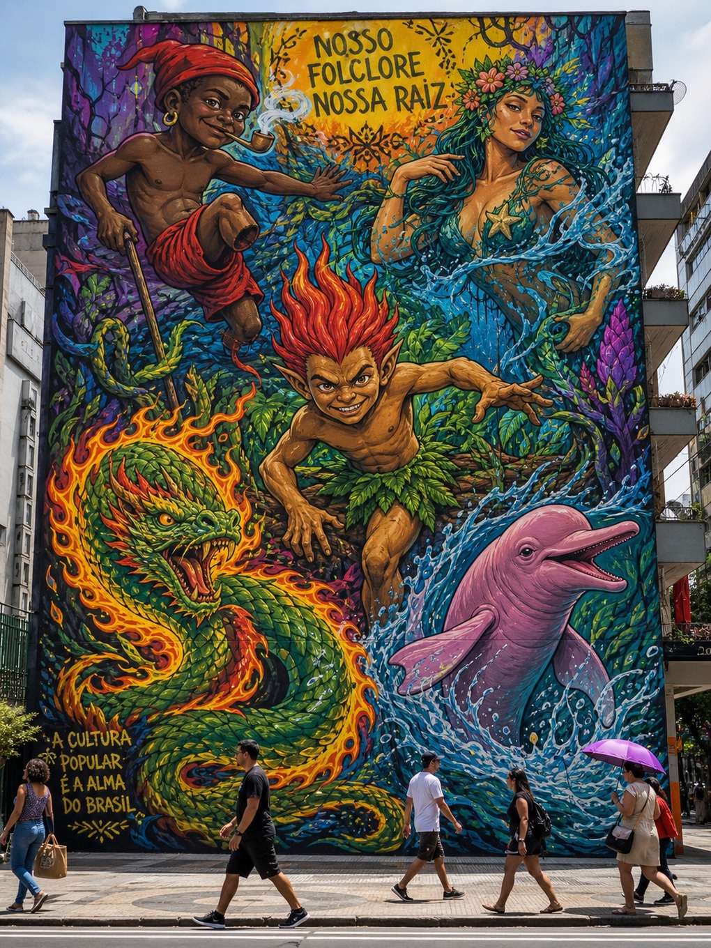 mural urbano de folclore brasileiro - exemplo de imagens do folclore brasileiro com