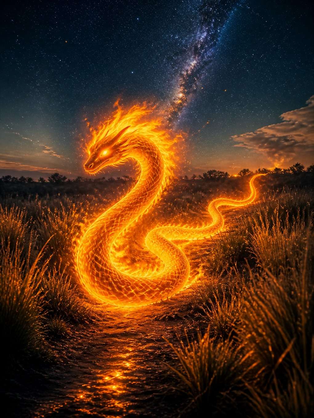 boitatá serpente de fogo no campo - exemplo de personagens do folclore brasileiro com