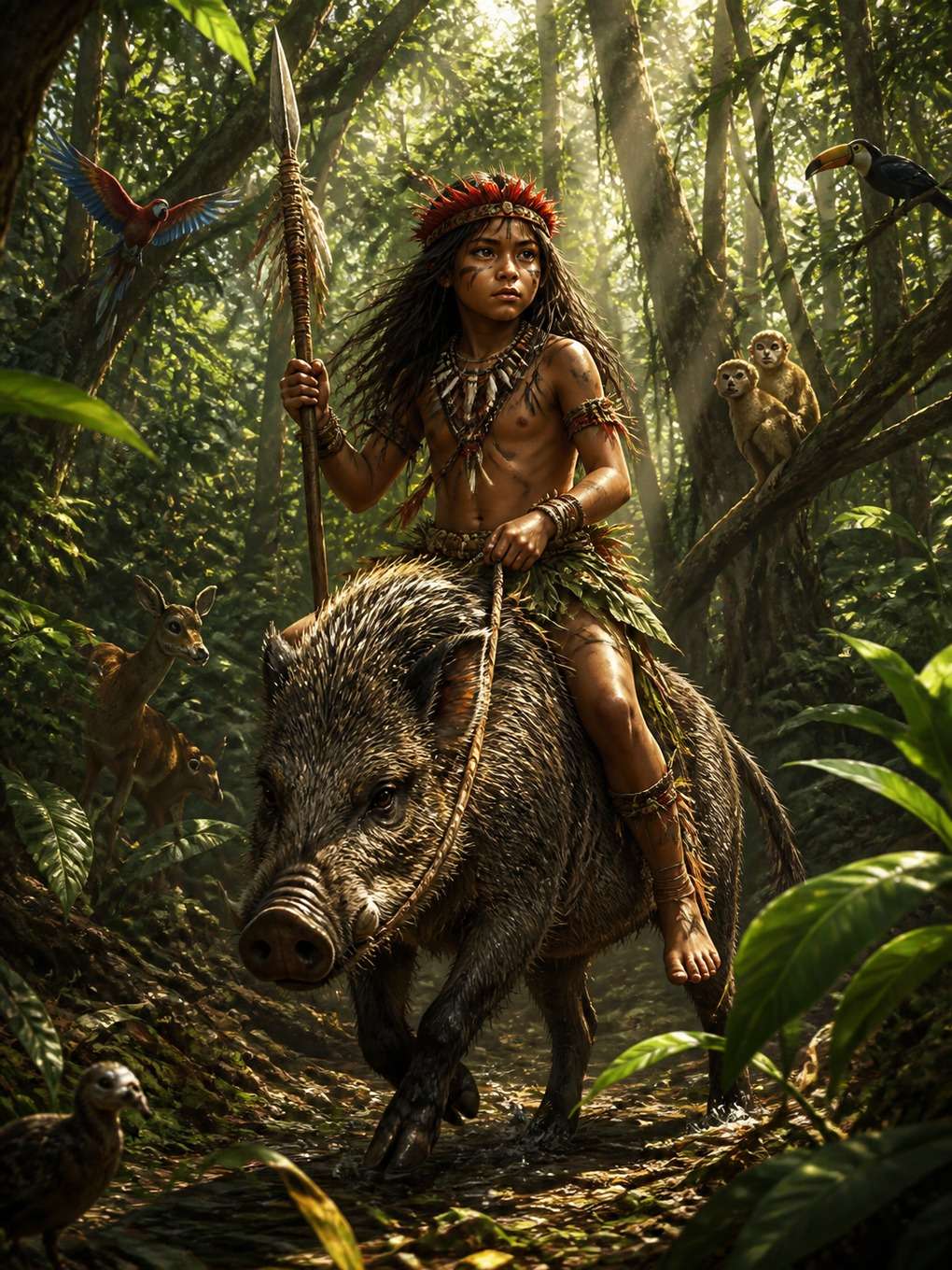 caipora com animais da mata - exemplo de personagens do folclore brasileiro com