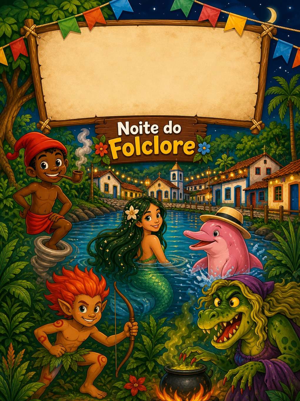 cartaz de festa folclórica brasileira - exemplo de personagens do folclore brasileiro com