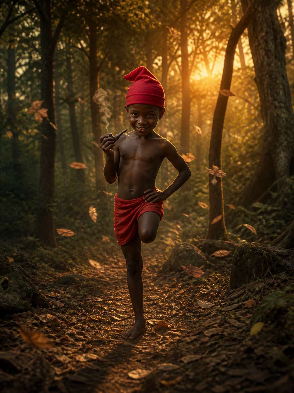saci-pererê na floresta ao entardecer - exemplo de saci-pererê com