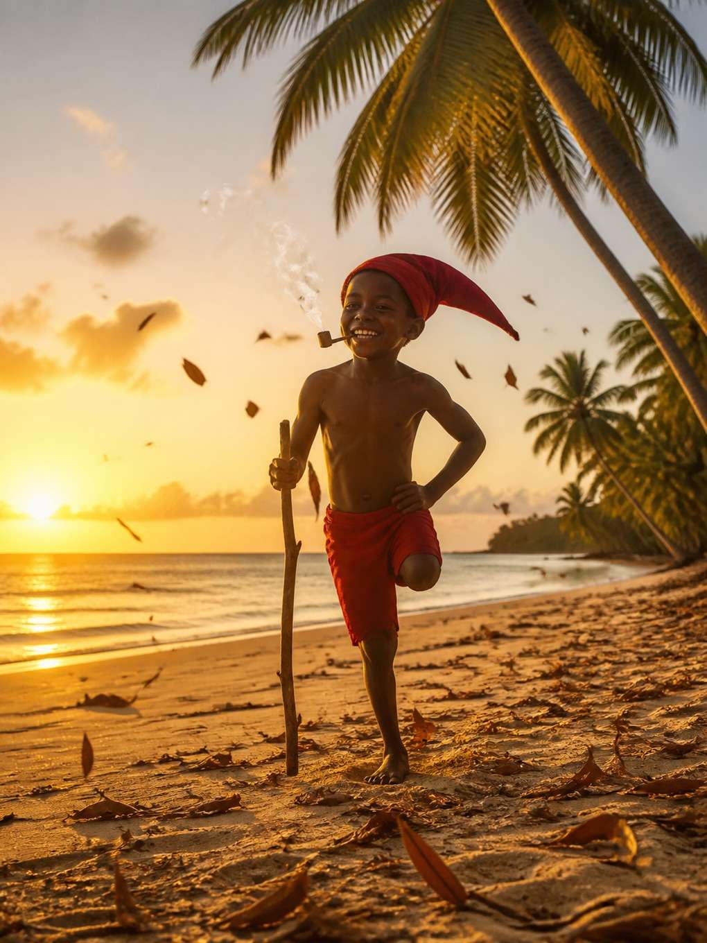saci-pererê na praia ao amanhecer - exemplo de saci-pererê com