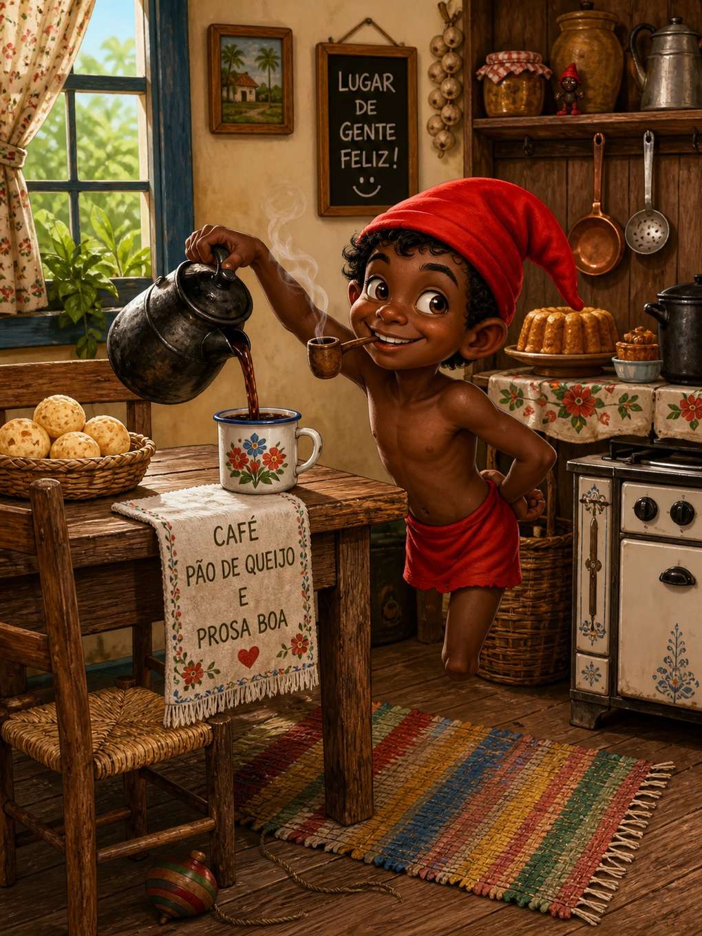 saci-pererê em cozinha de casa brasileira - exemplo de saci-pererê com