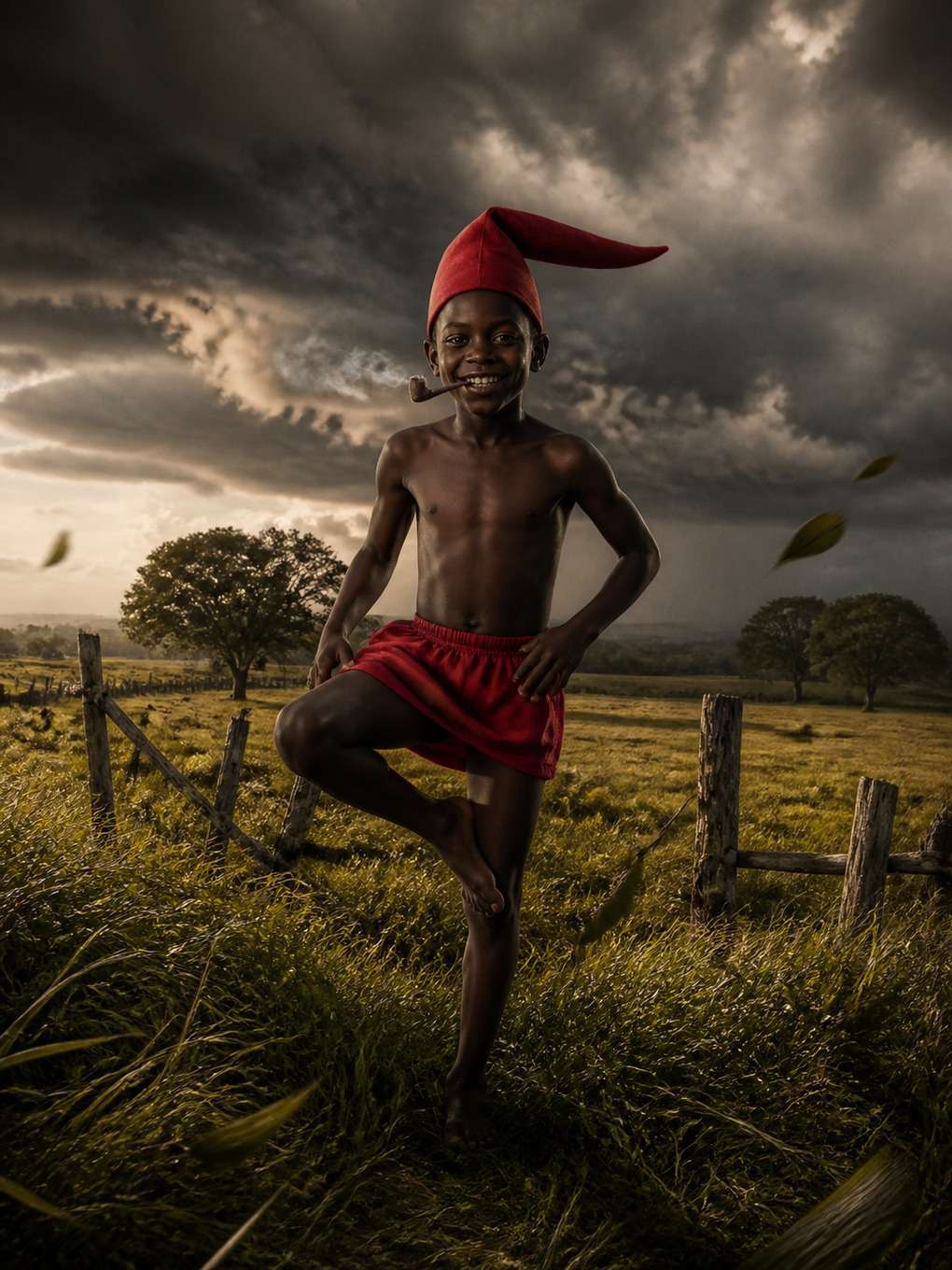 saci-pererê no campo com céu dramático - exemplo de saci-pererê com
