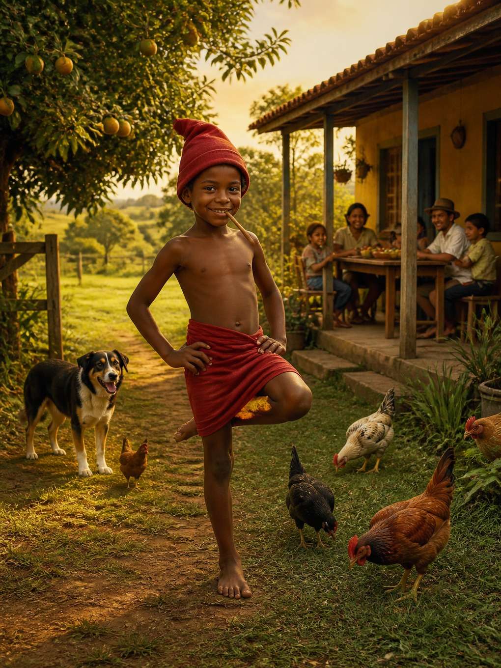 saci-pererê com família em sítio - exemplo de saci-pererê com