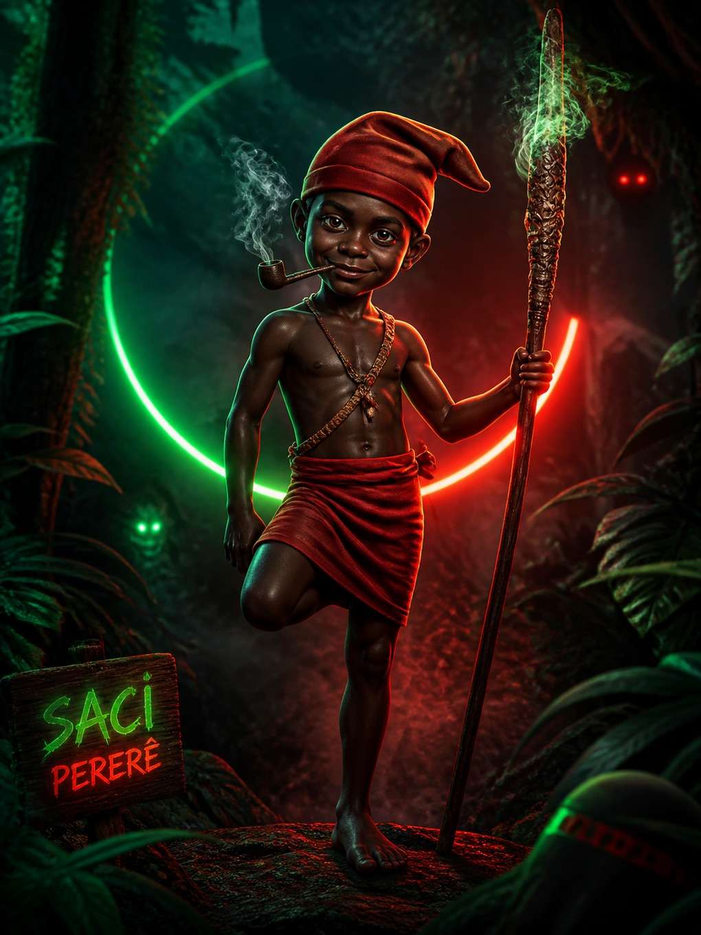 saci-pererê em floresta neon artística - exemplo de saci-pererê com