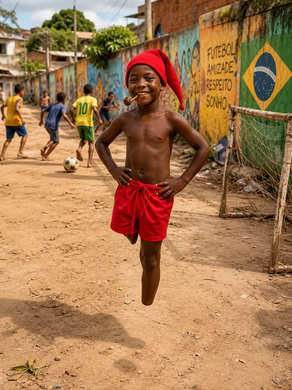 saci-pererê em cena de futebol de rua - exemplo de saci-pererê com
