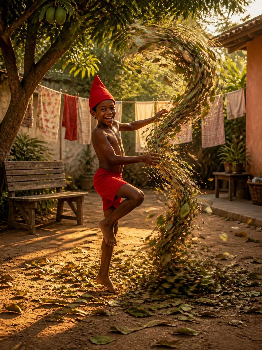 saci-pererê brincando com folhas no quintal - exemplo de saci-pererê com
