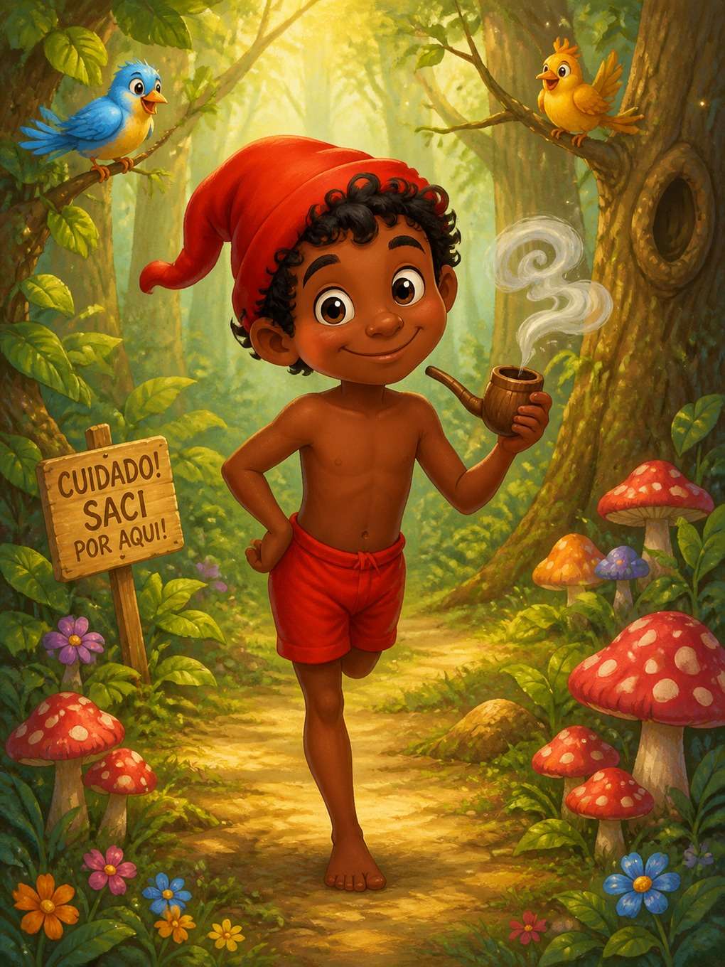 saci-pererê com clima infantil encantador - exemplo de saci-pererê com