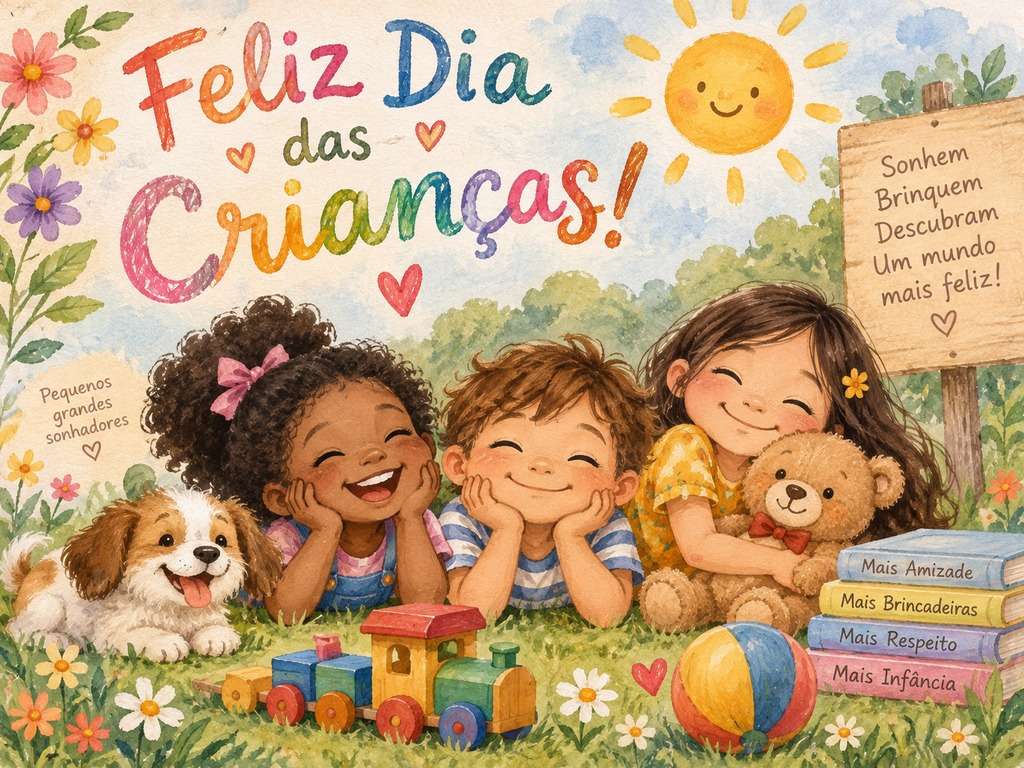 Cartão em aquarela de Dia das Crianças gerado com IA