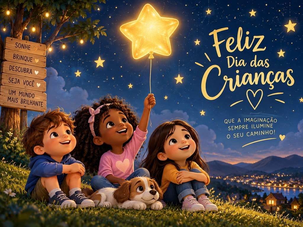 Cartão noturno de Dia das Crianças gerado com IA