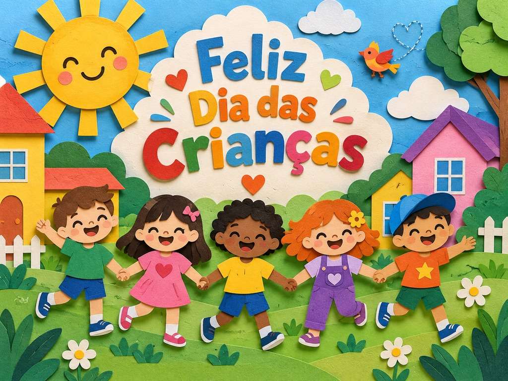Cartão em recorte de papel de Dia das Crianças gerado com IA