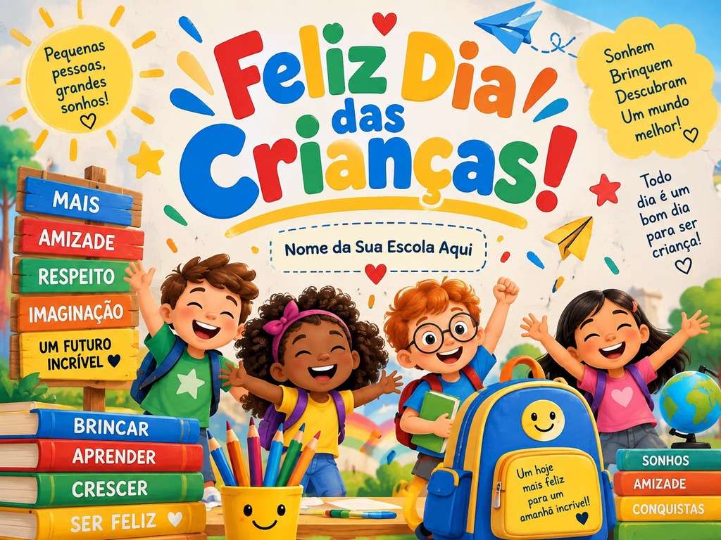 Pôster escolar de Dia das Crianças gerado com IA