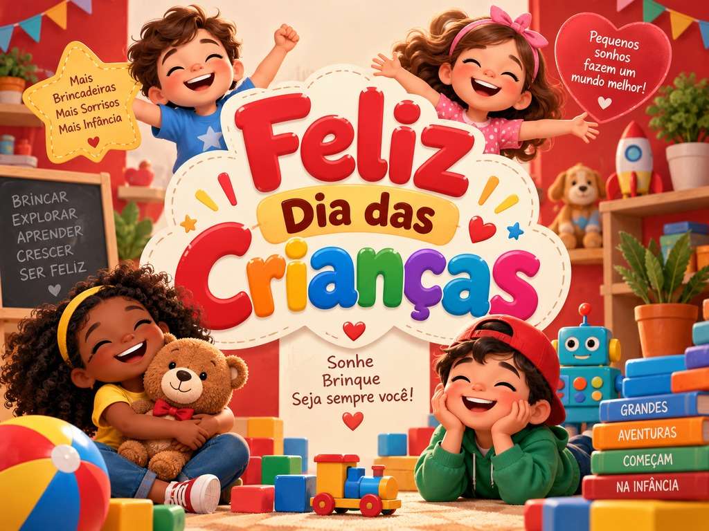 Pôster tipográfico de Dia das Crianças gerado com IA