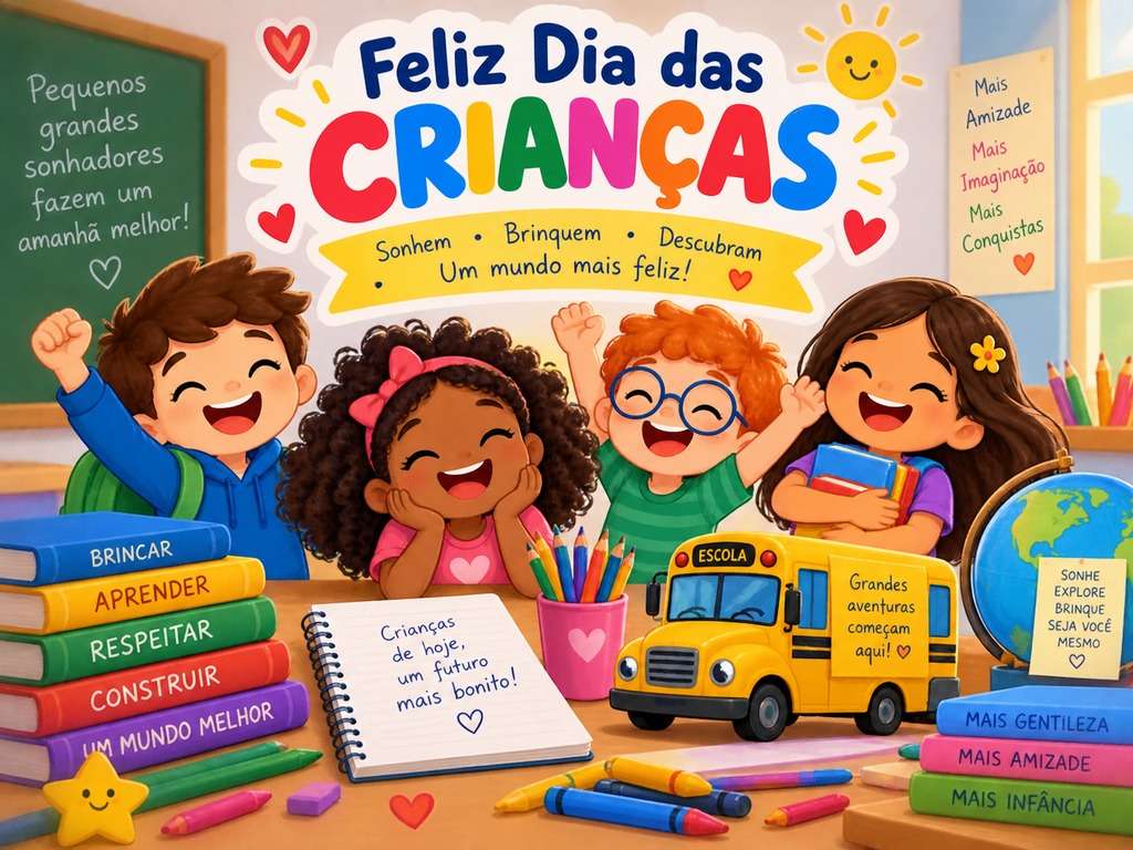 Cartão da turma da escola no Dia das Crianças gerado com IA