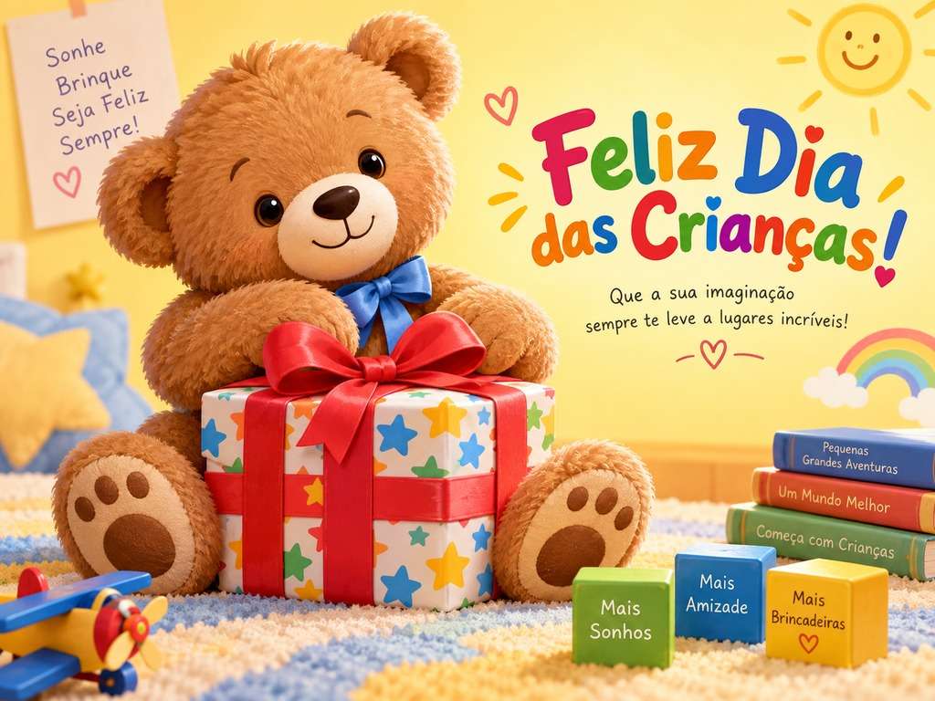 Cartão com urso e presente de Dia das Crianças gerado com IA