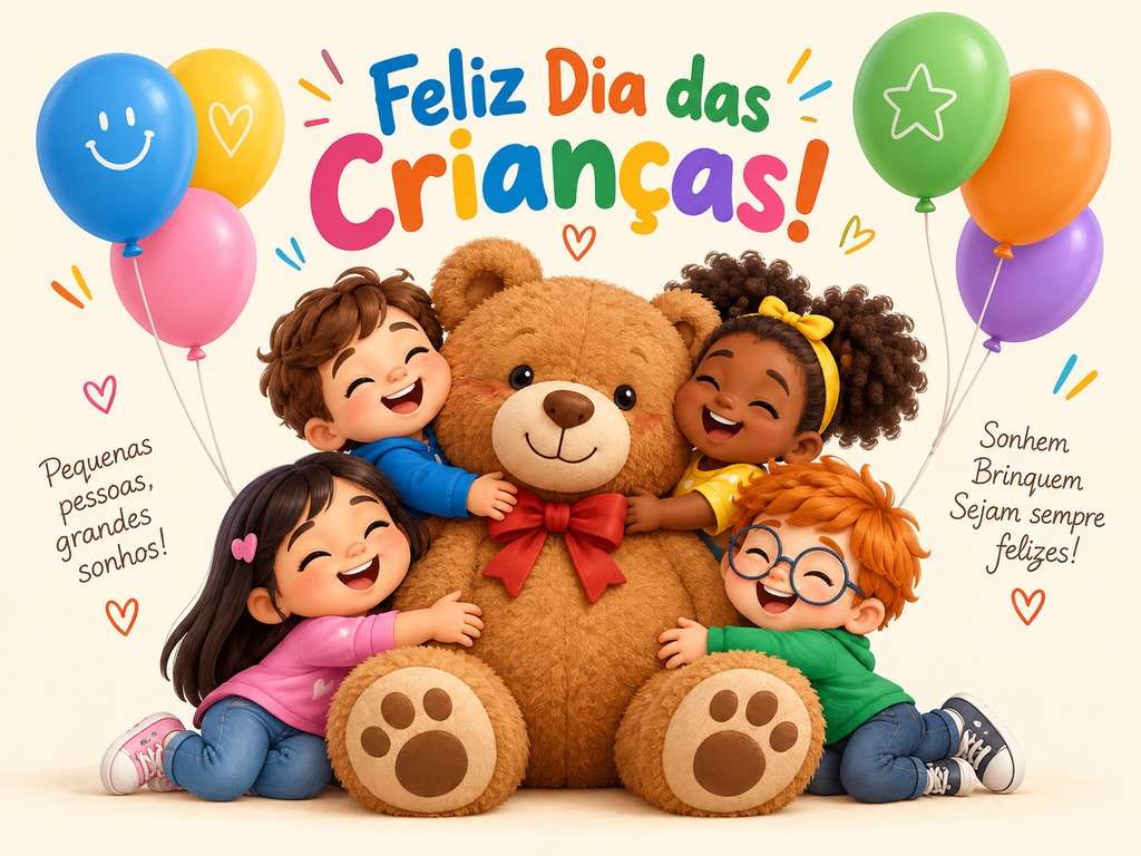 Cartão quadrado de Dia das Crianças para WhatsApp gerado com IA