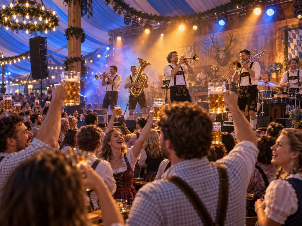 Tenda de Oktoberfest à noite com banda de sopro criada com IA