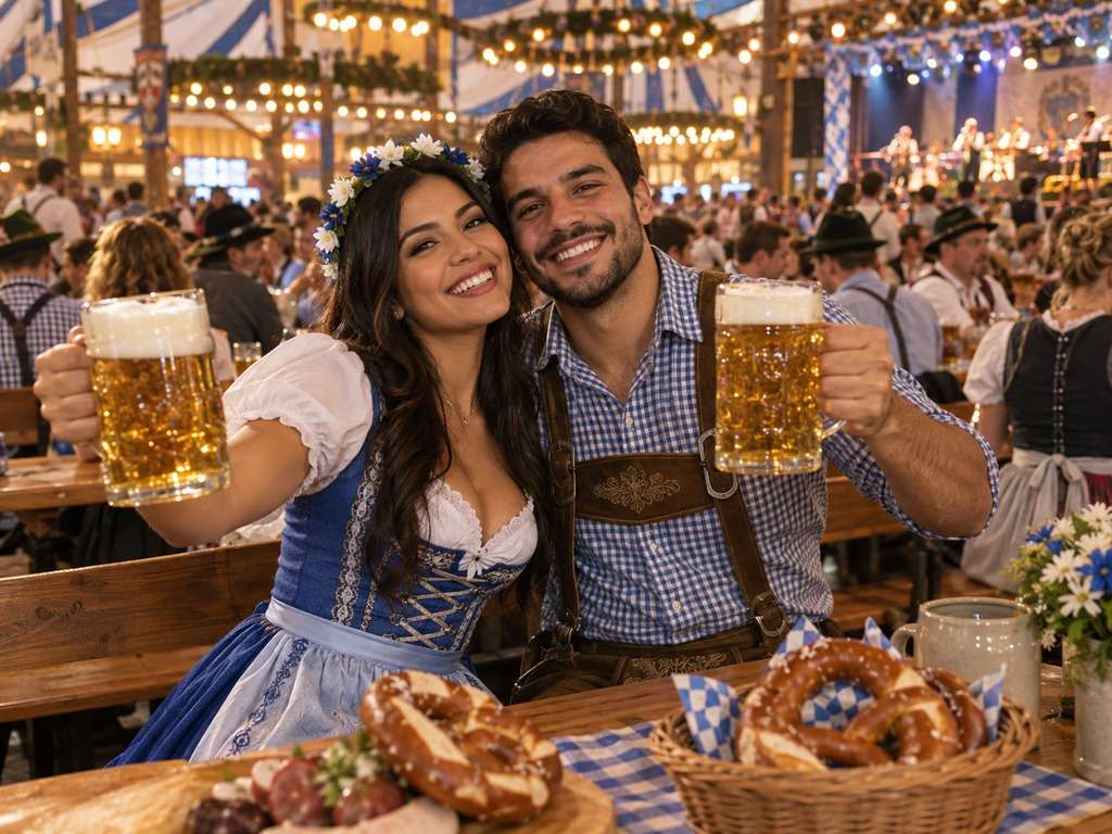 Casal em dirndl e lederhosen na tenda da Oktoberfest criado com IA