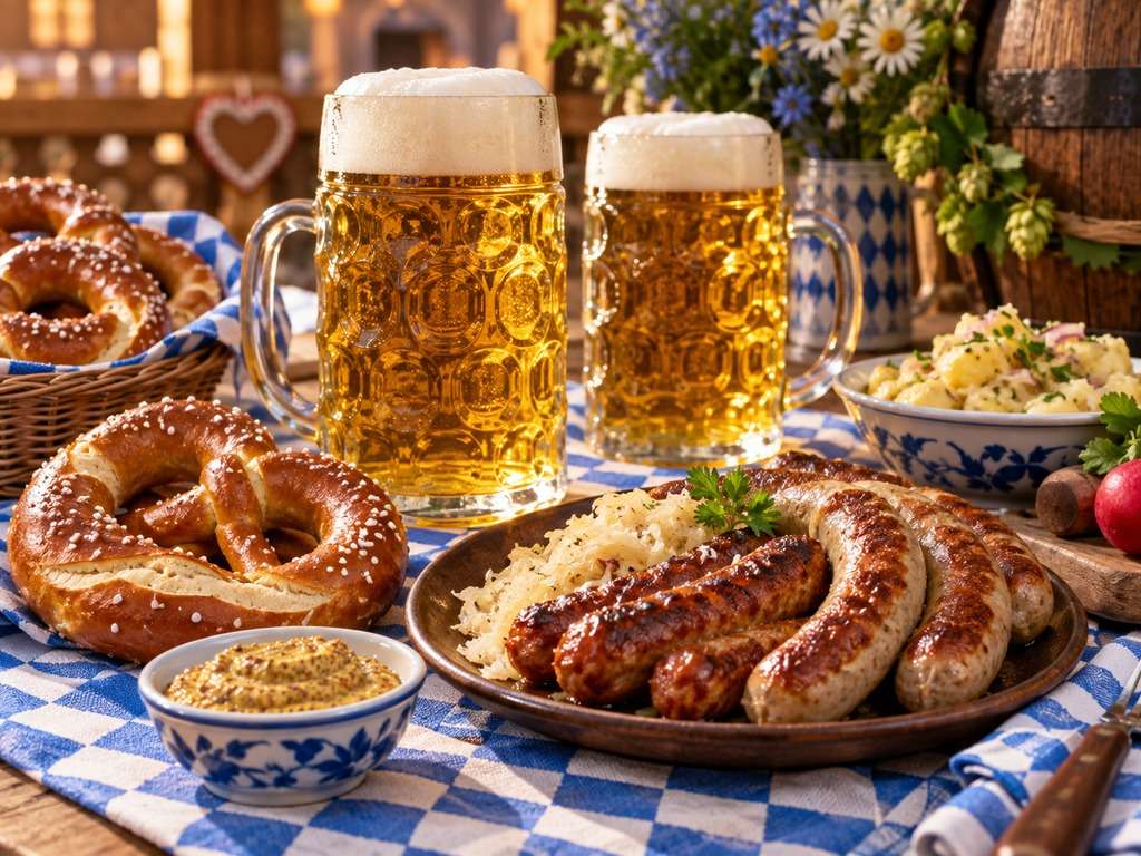 Mesa de Oktoberfest com chopp e pretzels gerada por IA