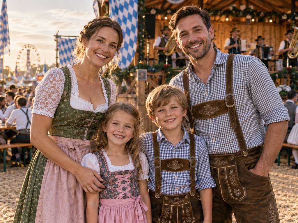 Família com traje típico de Oktoberfest gerada por IA