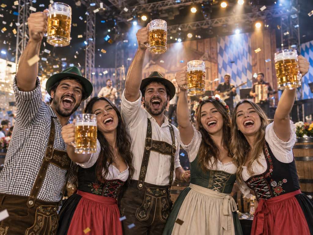 Grupo de amigos na Oktoberfest criado com IA