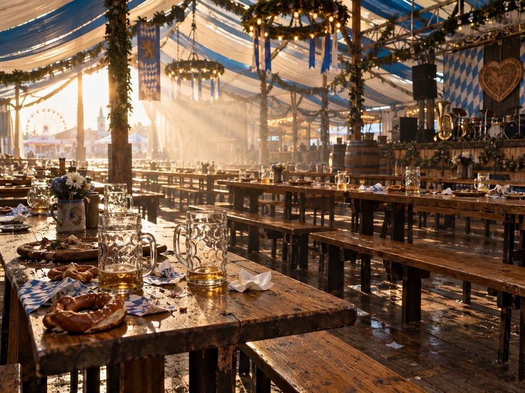 Tenda de Oktoberfest pela manhã em luz cinematográfica gerada por IA