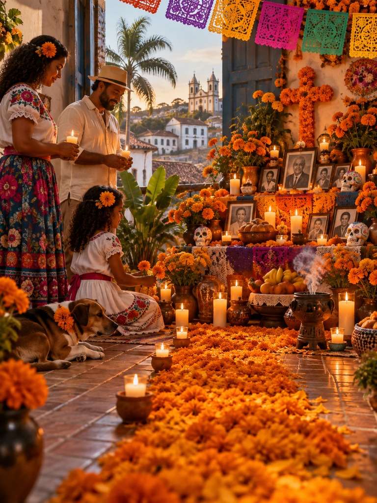 Caminho de cempasúchil até o altar gerado com IA