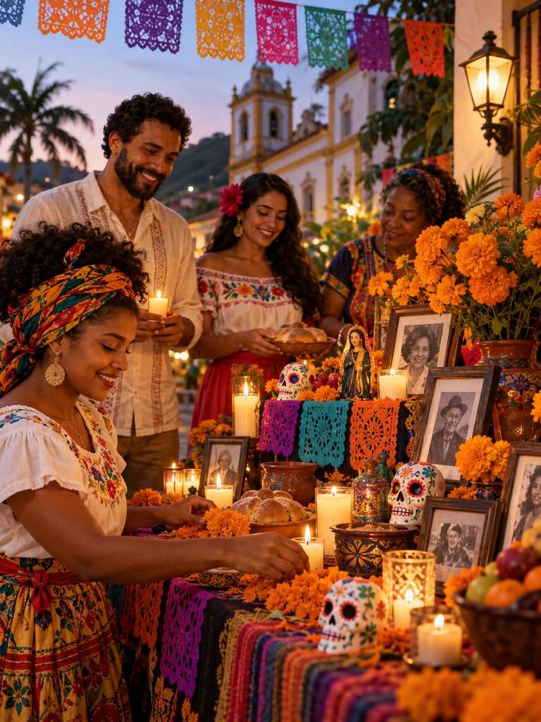 Família adulta junto à ofrenda gerada com IA