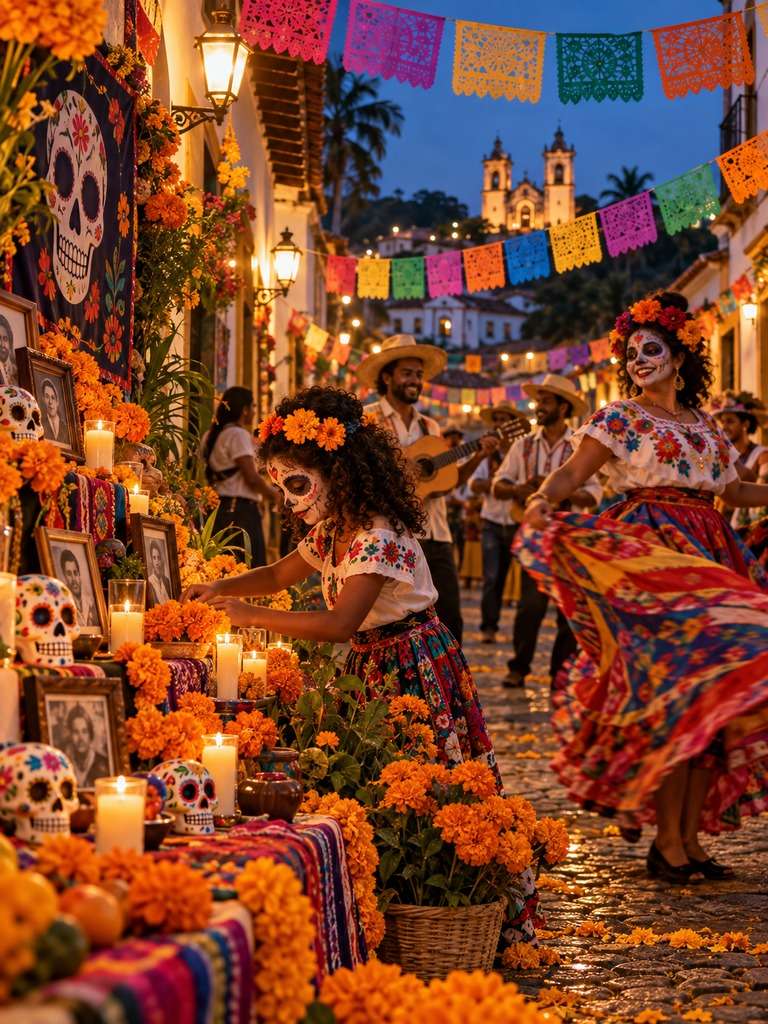 Rua enfeitada com papel picado gerada com IA