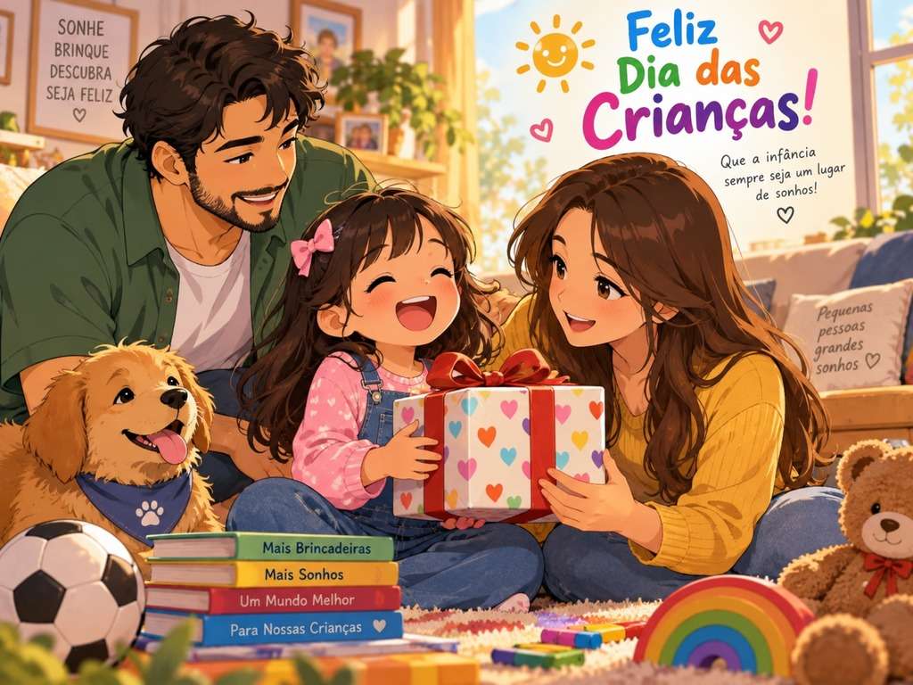 Cena em estilo anime de presente no Dia das Crianças gerada com IA