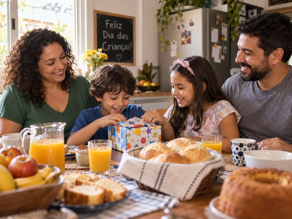 Café da manhã em família no Dia das Crianças gerado com IA