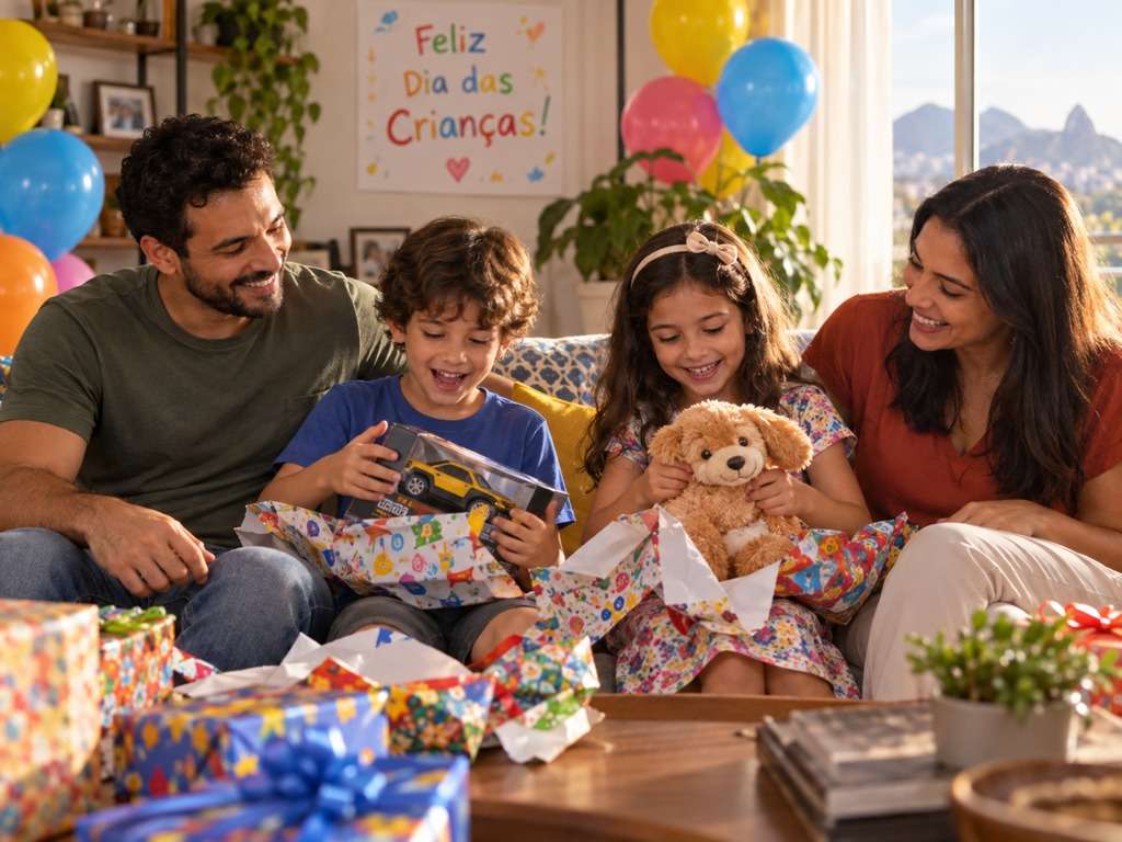 Família brasileira abrindo presentes no Dia das Crianças, gerada com IA