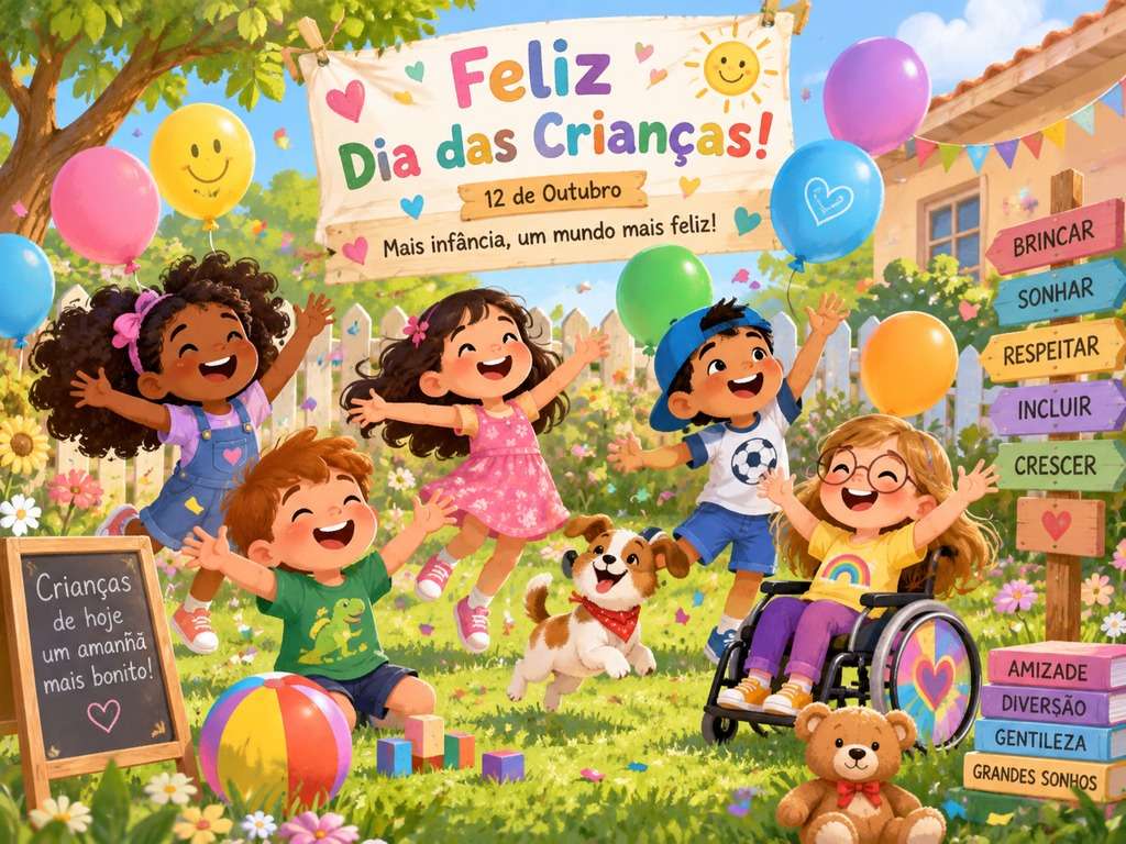 Ilustração de festa do Dia das Crianças gerada com IA