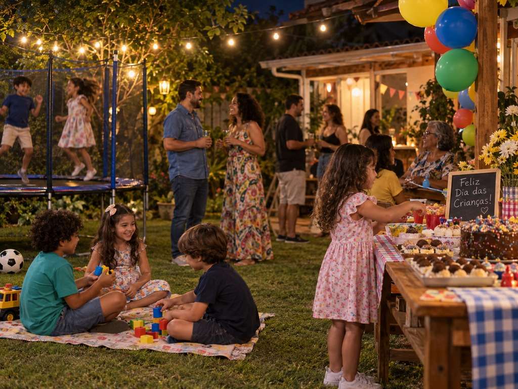 Festa noturna do Dia das Crianças com luzes, gerada com IA