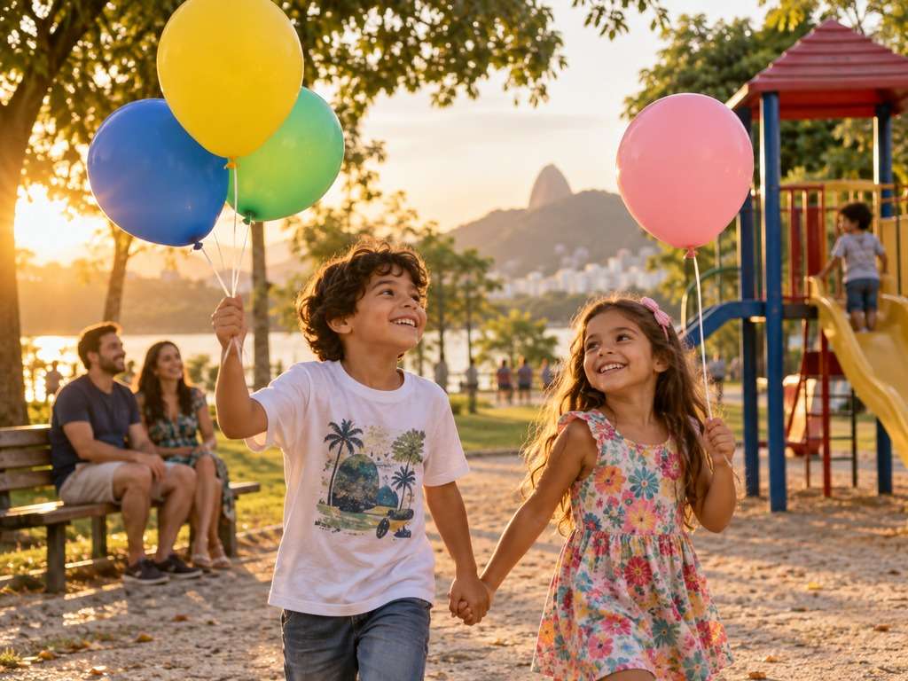 Crianças no parque com balões no Dia das Crianças, imagem de IA