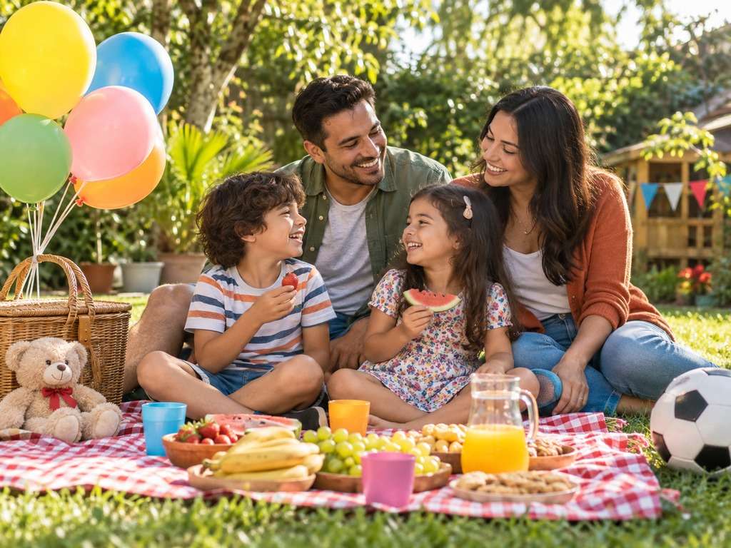 Picnic de família no jardim no Dia das Crianças, gerado com IA