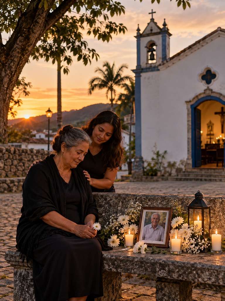 Banco no adro da igreja em clima de saudade gerado com IA