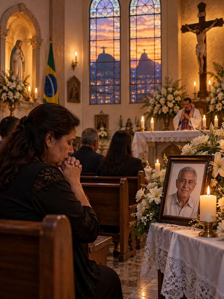Interior de igreja brasileira em clima de homenagem gerado com IA