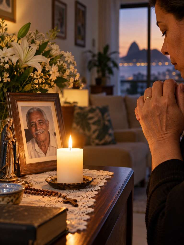 Mãos de adulto junto a uma vela de homenagem geradas com IA