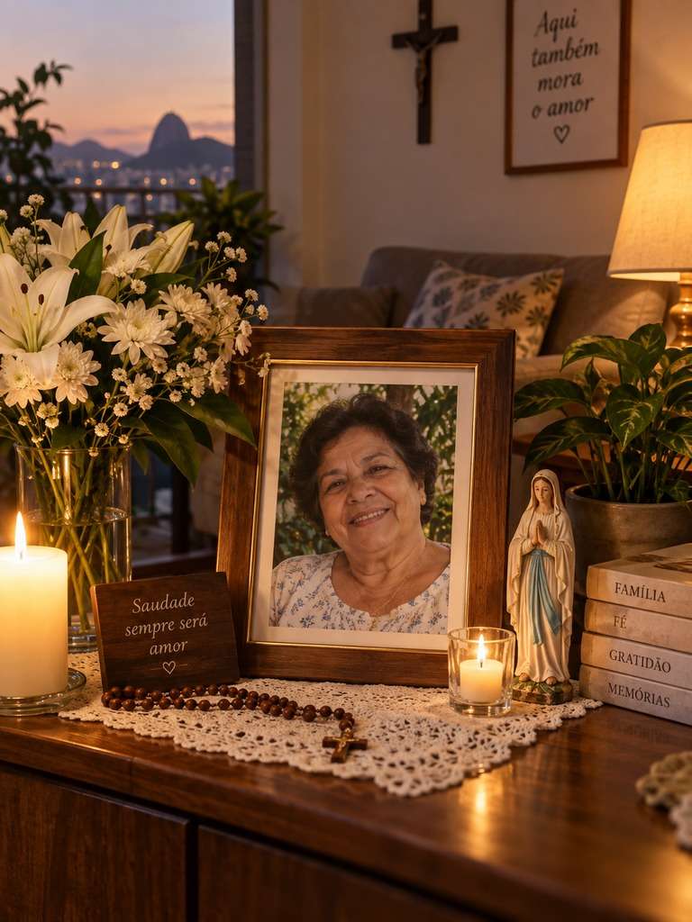Estante com retrato emoldurado e flores gerada com IA