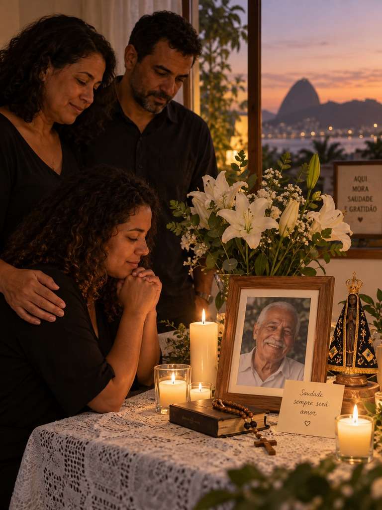 Mesa de homenagem com velas e retrato emoldurado gerada com IA