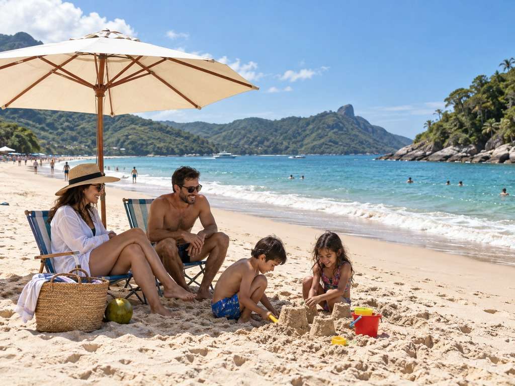 Família na praia ao longe gerada com IA