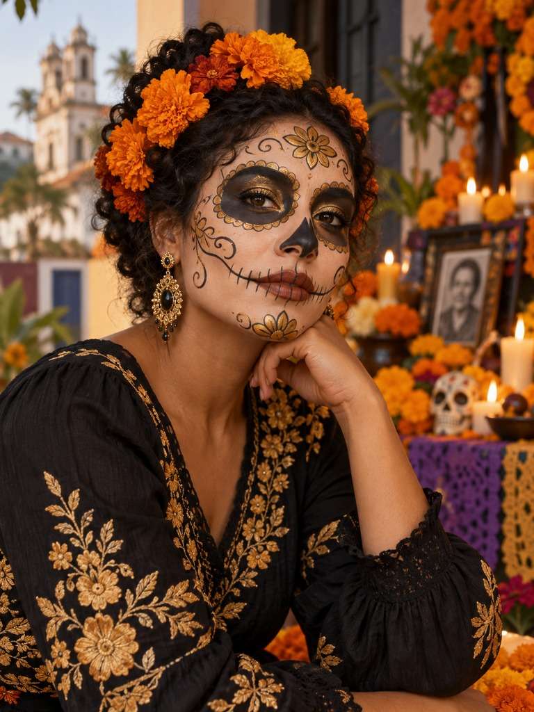 Catrina com cempasúchil no cabelo gerada com IA